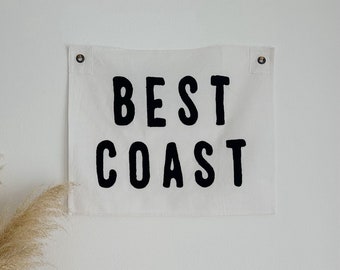 Best, West and East Coast Handmade Wall Tapestry with Antique Rivets, Made on Heavy Cotton Canvas For Vintage Look, Hand Tufted Lettering