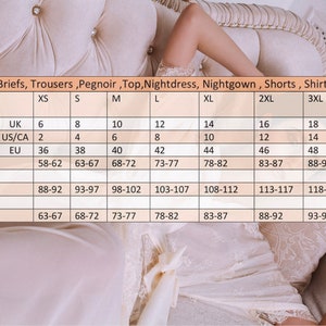 May include: Size chart for briefs, trousers, peignoir, top, nightdress, nightgown, shorts, and shirt. The chart shows sizes in UK, US/CA, and EU, as well as waist, hips, and under bust measurements in centimeters.