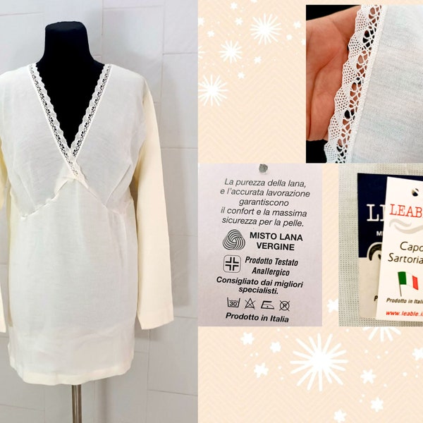 Vintage Italian quality Lingerie Cream Wool Long Sleeves Fine Italian Underwear mark "Leable" Ladies Wool, Lace Warm Underwear