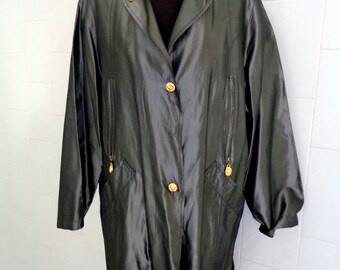 Vintage Italian Aquatempora Black Satin Coat – Gold Buttons & Baroque Lining – Luxury Statement Outerwear (M–L)