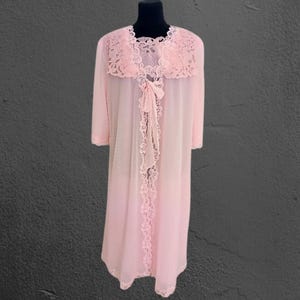 Vintage Italian Pink Bridal Peignoir Set – Sheer Lace Robe and Nightgown – Honeymoon Morning Lingerie – Size M (46) image 1