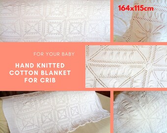 Hand knitted cotton blanket for crib, baby blanket, hand knitted, stroller blanket, cotton baby blanket
