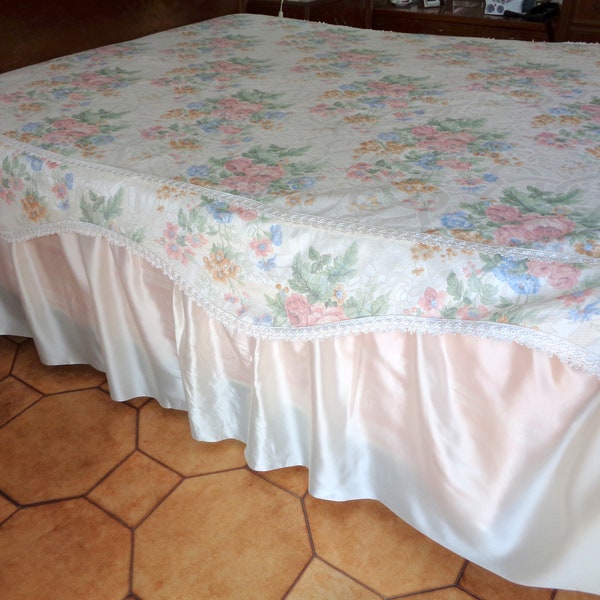 Fabulous Vintage Italy Mid Century cream Color Bedspread, with stamped floral design Satin Silk Side  Bedspread