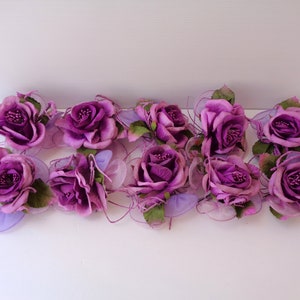 Lot of 10 purple fabric roses, scrapbooking supplies, Fabric Rose with Leaves Wedding Bouquet Wreath Corsage, scrapbooking decor elements