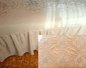 Vintage Italy Mid Century used cream color Bedspread,  viscose Silk Side Floral embroider decorations, Double ruffle, Double-face bedspread