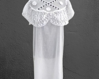 inest Cotton Night Shirt – Handmade 80s Italian White Nightgown with Lace – Natural Fiber Vintage Nightwear (M)