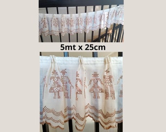 Vintage used embroidered human pattern Curtain Panel Wide Ripplefold in cream color with beage embroidery Extra size 500 x 25cm