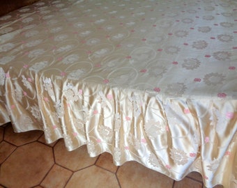 Wedding gift Vintage highest quality Vintage Italy Mid Century beige color pink floral design Bedspread, vintage Damask Satin Silk Side