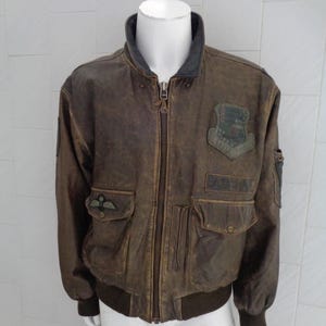Vintage Eagle Force Flying Leather Jacket 80s Brown Bomber SRC Air Commando Patch Size L