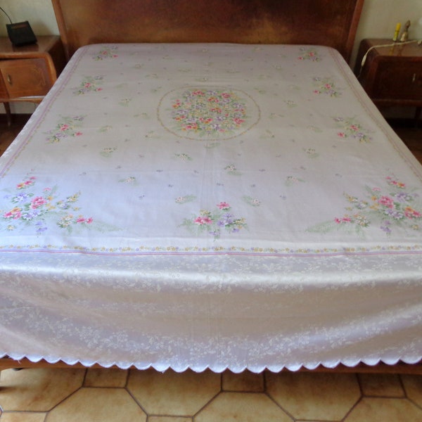 Fabulous Vintage Italy Mid Century cream Color Bedspread, with stamped floral design Satin Silk Side Bedspread with Damask fabric edges