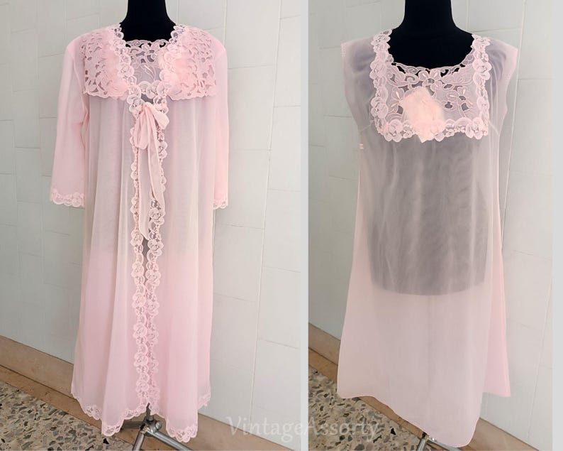 Vintage Italian Pink Bridal Peignoir Set – Sheer Lace Robe and Nightgown – Honeymoon Morning Lingerie – Size M (46) image 2