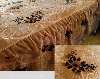 Vintage Italy Mid Century heavy beige velvet Bedspread, Italian Printed Velvet, with beautiful floral pattern