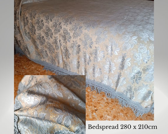 Vintage Italian Mid Century used silver/beige colors marked Argotex Bedspread, Satin Silk Side Baroque style  Floral decorations fringe