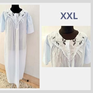 Vintage Italy pure cotton embroidered sky color long Night gown, short button closure, shot sleeve, extra quality natural fiber night dress