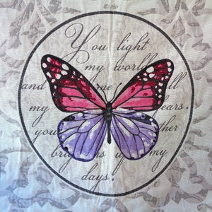 May include: A white fabric with a circle containing a purple and pink butterfly with the text "You light my world and my you bring us up my days!"