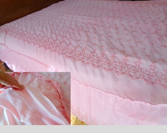 Vintage Italy  marked "Vestoria"  Mid Century Lightpink Color Bedspread, embroidered Organza Satin shabby chic style wedding gift Bedspread