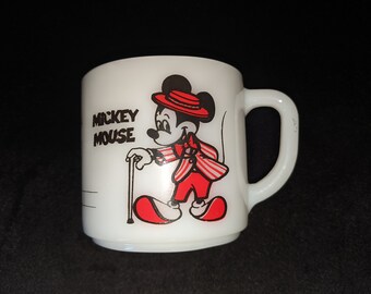 Mickey en Minnie Mouse Vintage Cafe Mok Federal Milk White Glass Walt Disney Productions