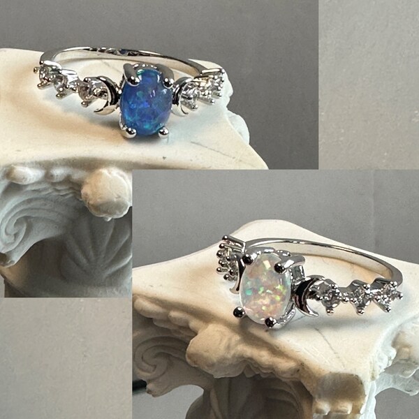 Celestial Moon Phase Fire Opal Ring - Blue or White - Sizes 7 and 8