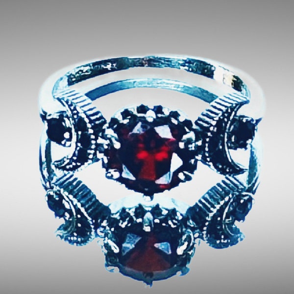Red Garnet Crystal Triple Moon Ring