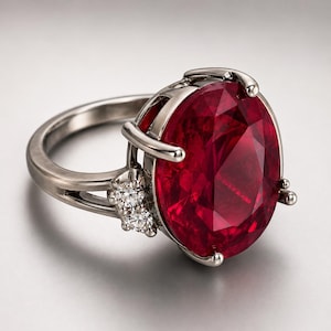 Könnte beinhalten: Ein silberfarbener Ring mit einem großen, oval geschliffenen, tiefroten Edelstein, der von mehreren Krappen gehalten wird. Die Ringschiene teilt sich nahe der Fassung, wo zwei kleine, runde, klare weiße Steine seitlich angebracht sind.