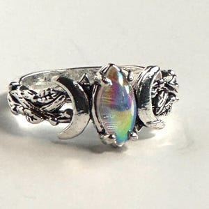 Iridescent Marquise Moon Phase Ring with Prong-Set Stone