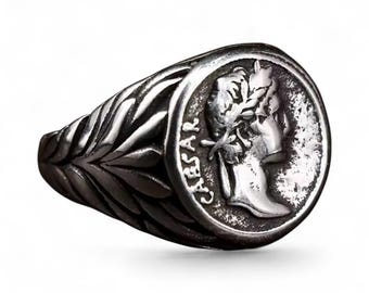 Stainless Steel Roman Caesar Signet Ring: 3D Emperor, Laurel Wreath