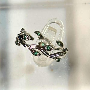 Elven Silver Tree Branch Ring with Green Zircon Leaves – Adjustable 7-9