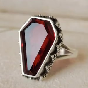 Blood Red Glass Coffin Ring | Gothic Blackened Silver Casket Jewelry | Beveled Red Gem Split Shank