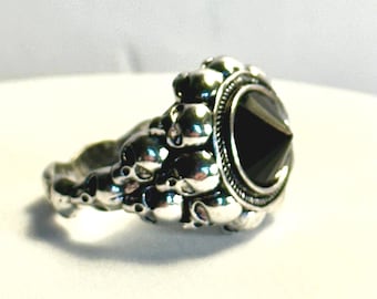 Silver Skull Biker Ring with Black Glass Pyramid