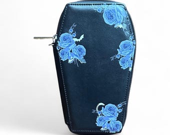 Gothic Coffin Wallet with Lavender Roses & Bats – PU Leather Wristlet