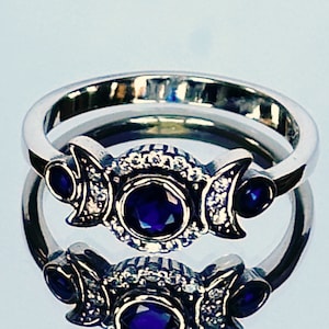 Back in Stock ! 925 Triple Moon Ring with Blue CZ