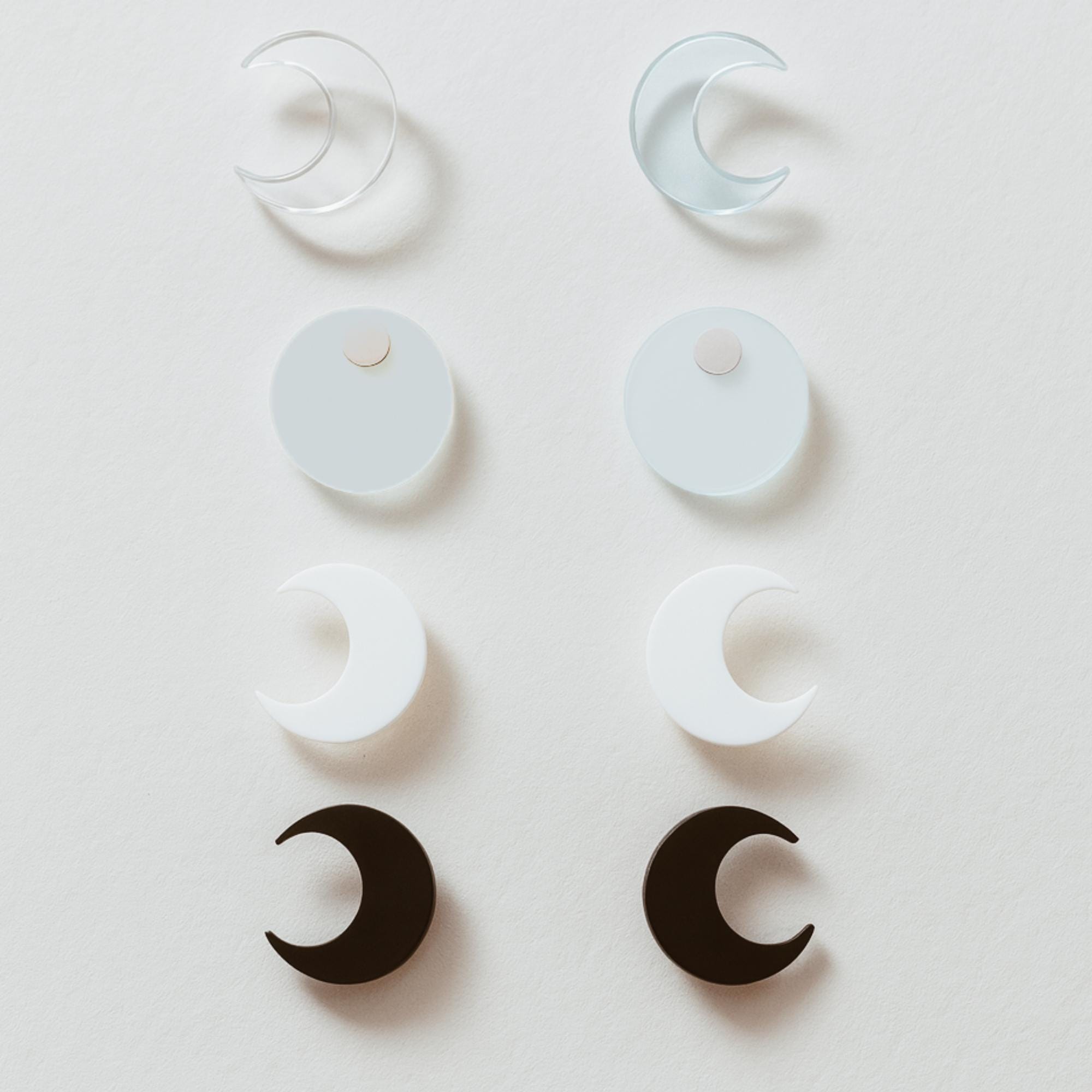 Acrylic Lunar Moon Earrings Crescent & Full Moon Studs Clear, White or Black Minimal Jewelry