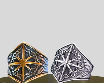 Novos tamanhos e cores | Anel de cavaleiro medieval com estrela dourada ou prateada e detalhes prateados