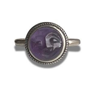 10MM Carved Amethyst Moon Face Sterling Adjustable Ring