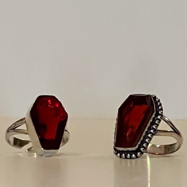 Crystal and Silver Coffin Rings Red Ruby