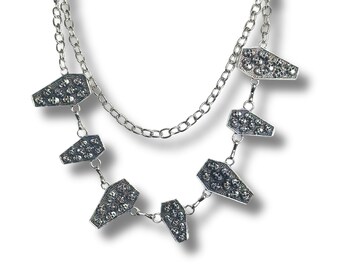 Gothic Double Row Coffin Choker – Blackened Silver Skull Pendant Necklace, 17.5”