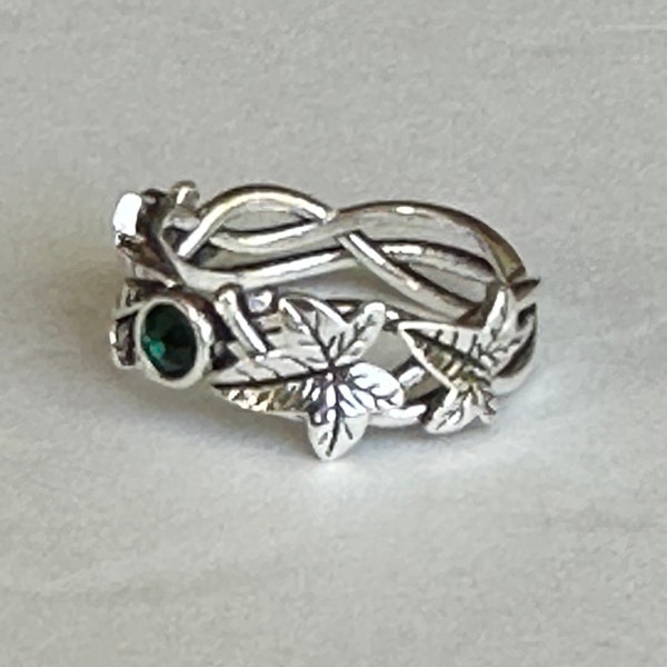 Elven Themed Silver Ring with Green Crystal