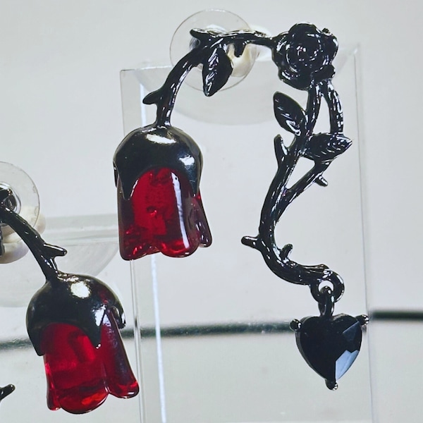 Gothic Vine and Roses Black & Red Earrings with Art Nouveau Touch