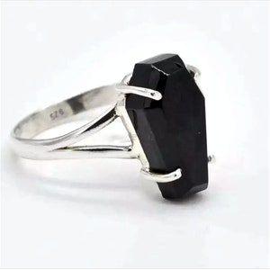 Gothic Black Zircon Coffin Ring | Silver or Gold-Plated 925 | Beveled Glass Coffin Stone | Sizes 7 & 8