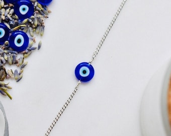 Pulseira de prata esterlina com mau-olhado, mau-olhado azul, pulseira de prata esterlina, pulseira delicada, pulseira de prata com mau-olhado azul, pulseira de contas