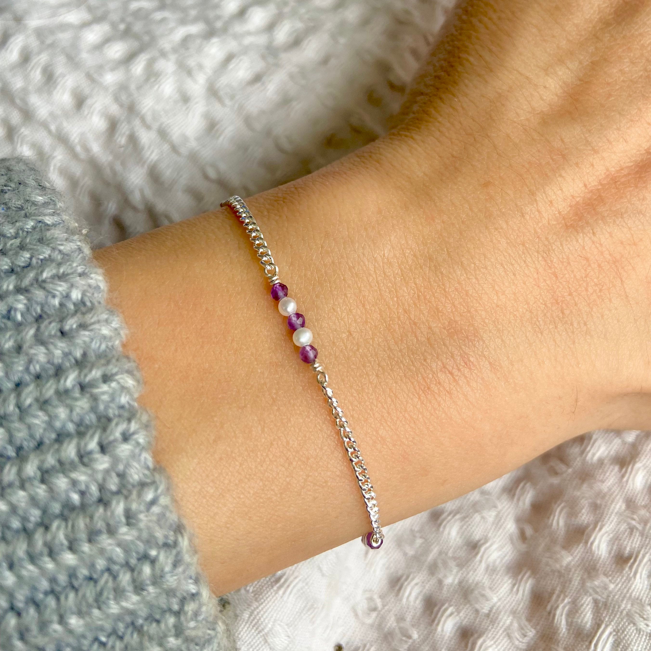 Pulseira de prata com pérolas de ametista, pulseira de prata esterlina, pulseira delicada, pulseira com pedras preciosas, pulseira de pérolas, pulseira de ametista, pérola