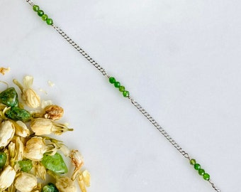 Pulseira de prata com pedra preciosa diópsida, pulseira de prata esterlina, pulseira delicada, pulseira verde, pulseira com pedra preciosa verde, pulseira diópsida
