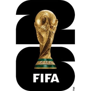 Puede incluir: Un trofeo dorado de la Copa Mundial de la FIFA con una base verde, sobre un gráfico en blanco y negro del número 26. La palabra "FIFA" se muestra debajo del trofeo.
