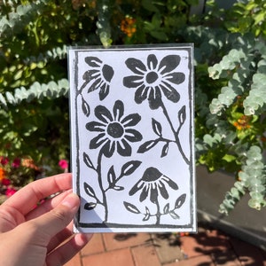 Original Abstract Flowers Linocut Print | Handmade Linocut Print, Unique Original Art, Limited Edition Black and White Nature Print