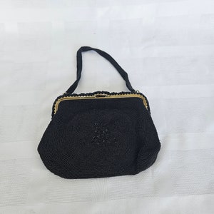Vintage beaded black clutch bag with strap ~ Elegant embroidered beaded handbag