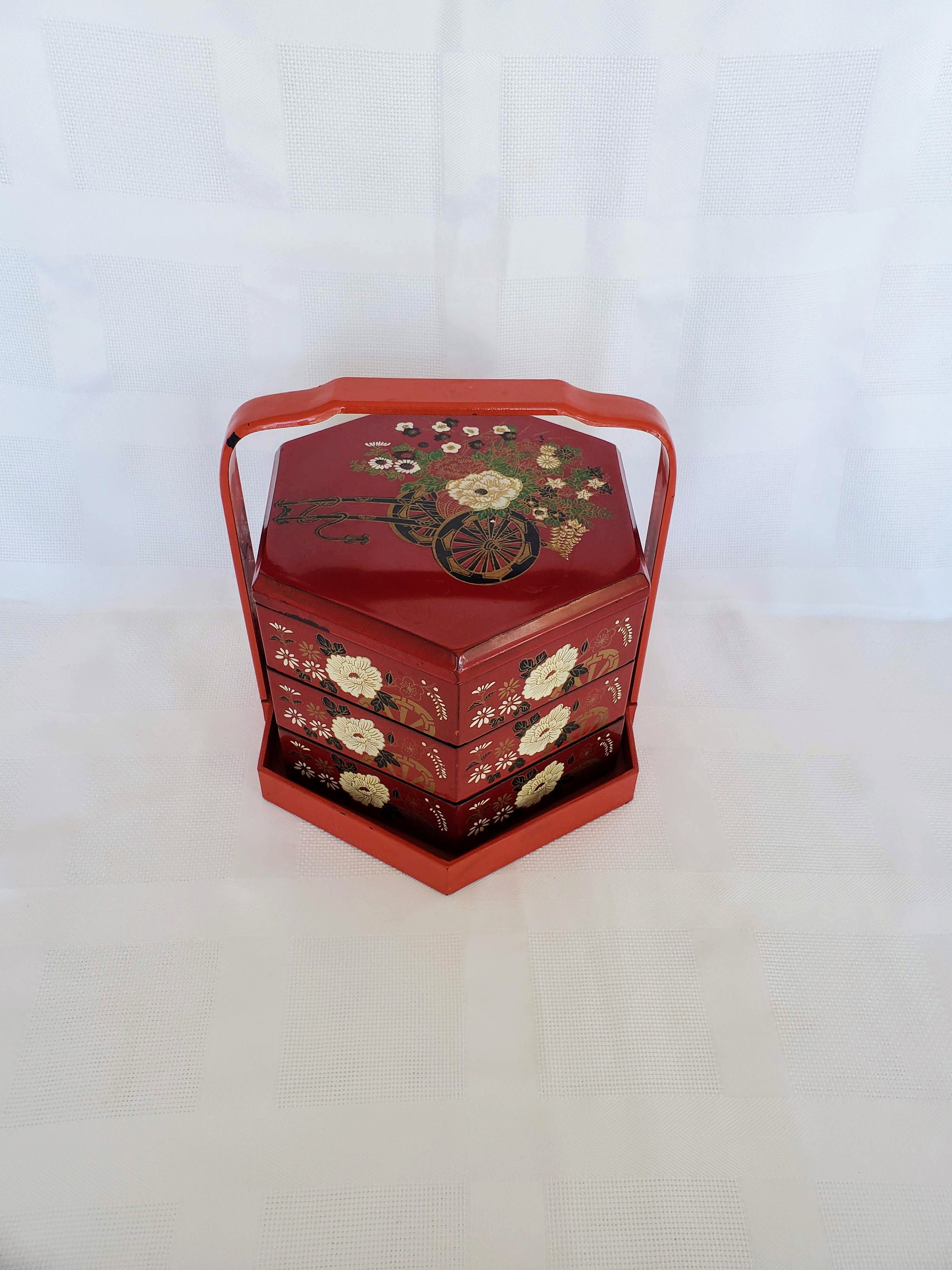 Vintage Red Lacquer Bento Box 3 Tier Stackable Bento Box Etsy