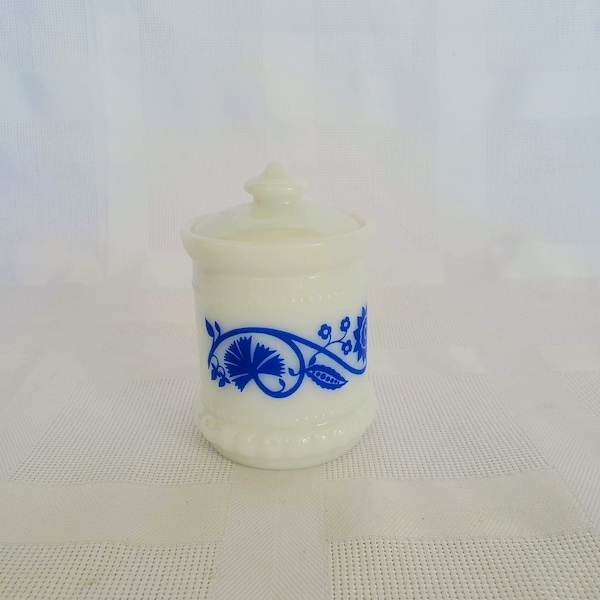 Vintage Hazel Atlas Milk glass spice jar with blue flowers ~ vintage white and blue floral apothecary jar with lid ~ Vintage Kitchen