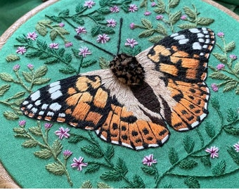 Custom Butterfly/Moth Hand Embroidered Thread Painting - choose your species & add optional florals/text for a unique, personalised artwork!