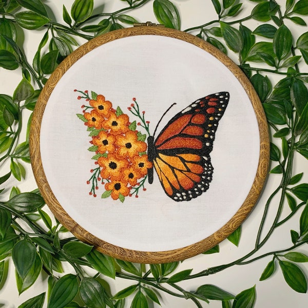 Floral Monarch Butterfly - Hand Embroidery Needle Painting, Thread Painting, Instant Download PDF Pattern