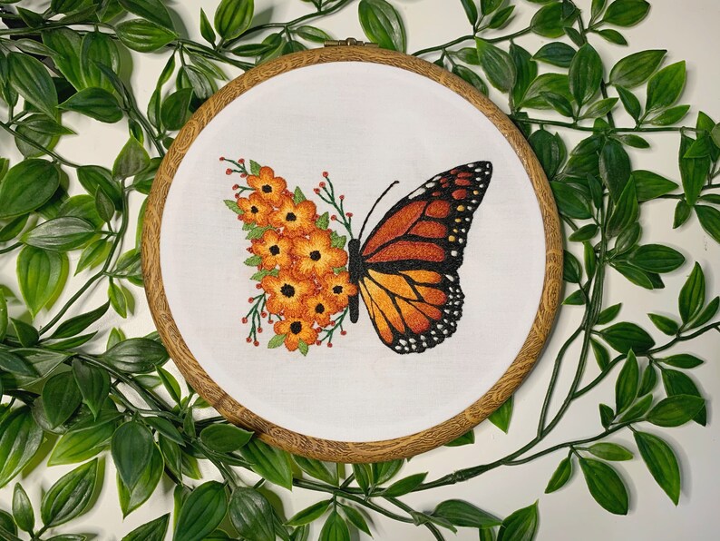 Floral Monarch Butterfly Hand Embroidery Needle Painting Etsy UK